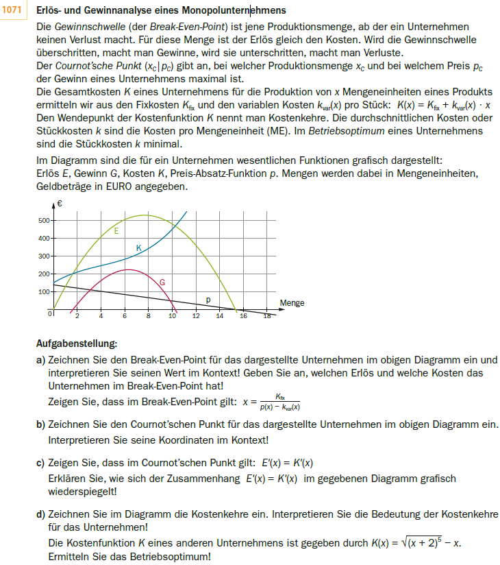 zur Beispiel 163 - Wirtschaftsmathematik; Erlös, Kosten - Zeichnen Erklärungsseite gehen.